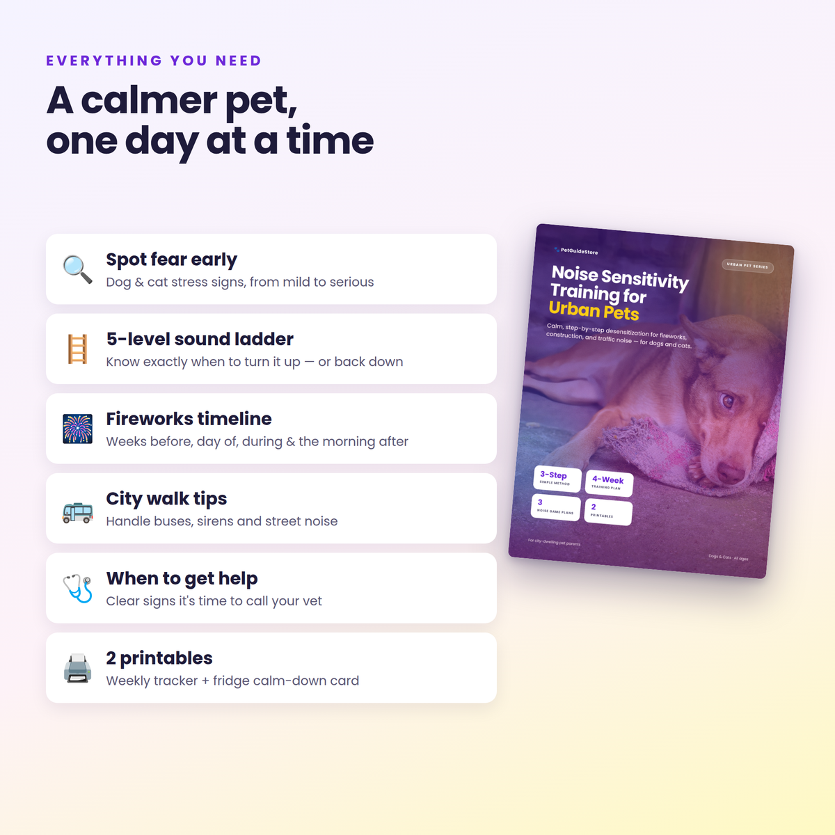 Noise Sensitivity Training Guide for Dogs & Cats | Fireworks, Construction and Traffic Anxiety | Printable PDF | City Pet Calming Plan