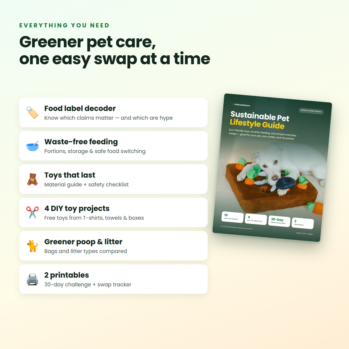Sustainable Pet Lifestyle Guide | Eco-Friendly Dog & Cat Care | Organic Pet Food Label Guide, DIY Toys, 30-Day Challenge | Printable PDF