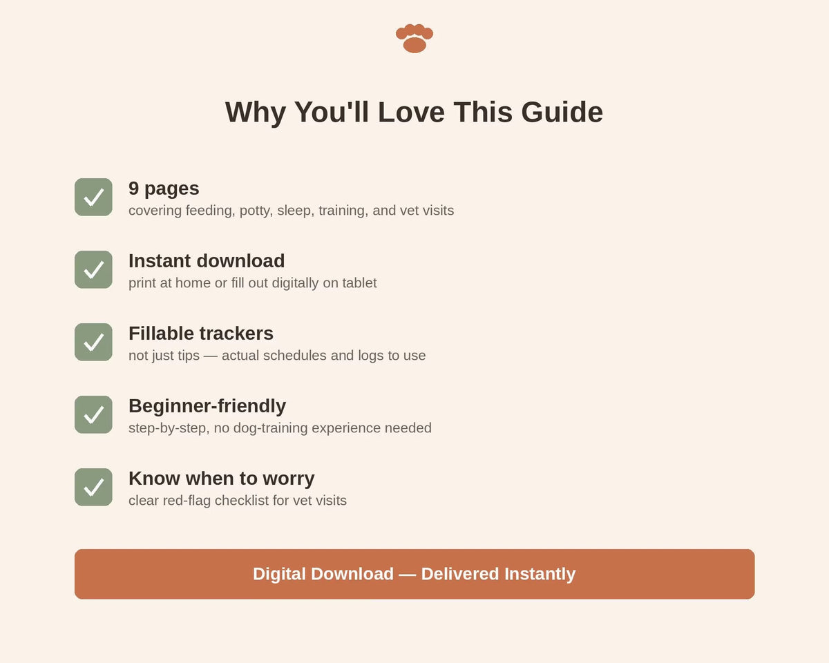 New Puppy 30-Day Guide | Potty, Crate, Vet Tracker (9-Page PDF)