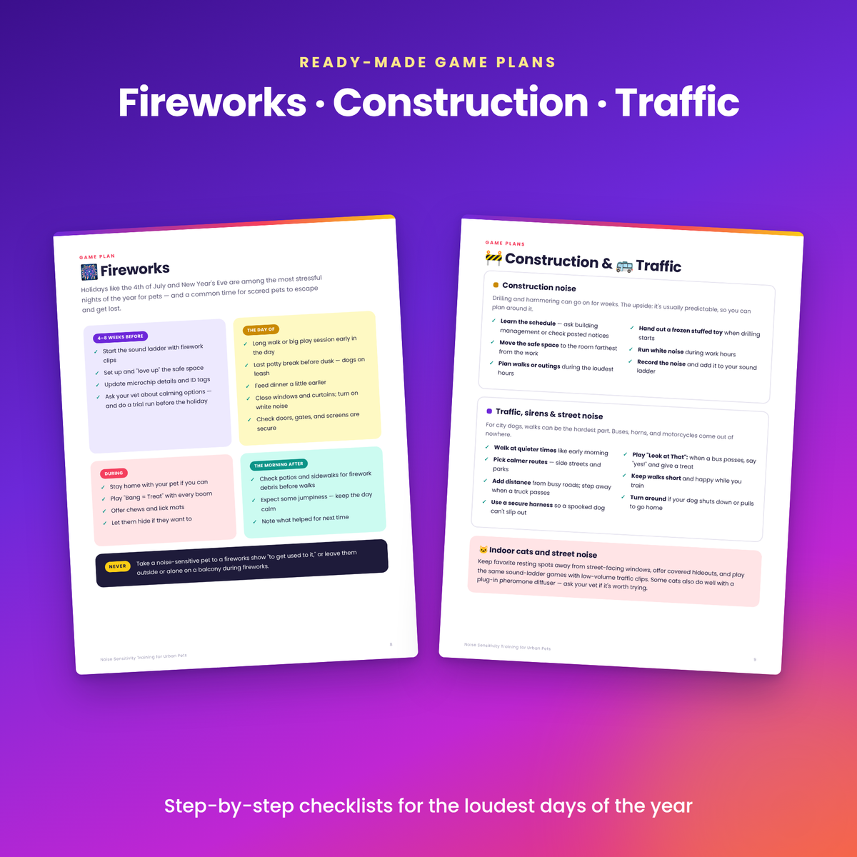 Noise Sensitivity Training Guide for Dogs & Cats | Fireworks, Construction and Traffic Anxiety | Printable PDF | City Pet Calming Plan