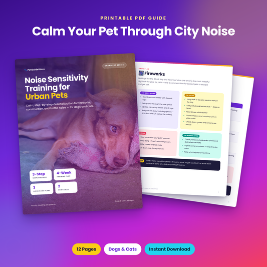 Noise Sensitivity Training Guide for Dogs & Cats | Fireworks, Construction and Traffic Anxiety | Printable PDF | City Pet Calming Plan