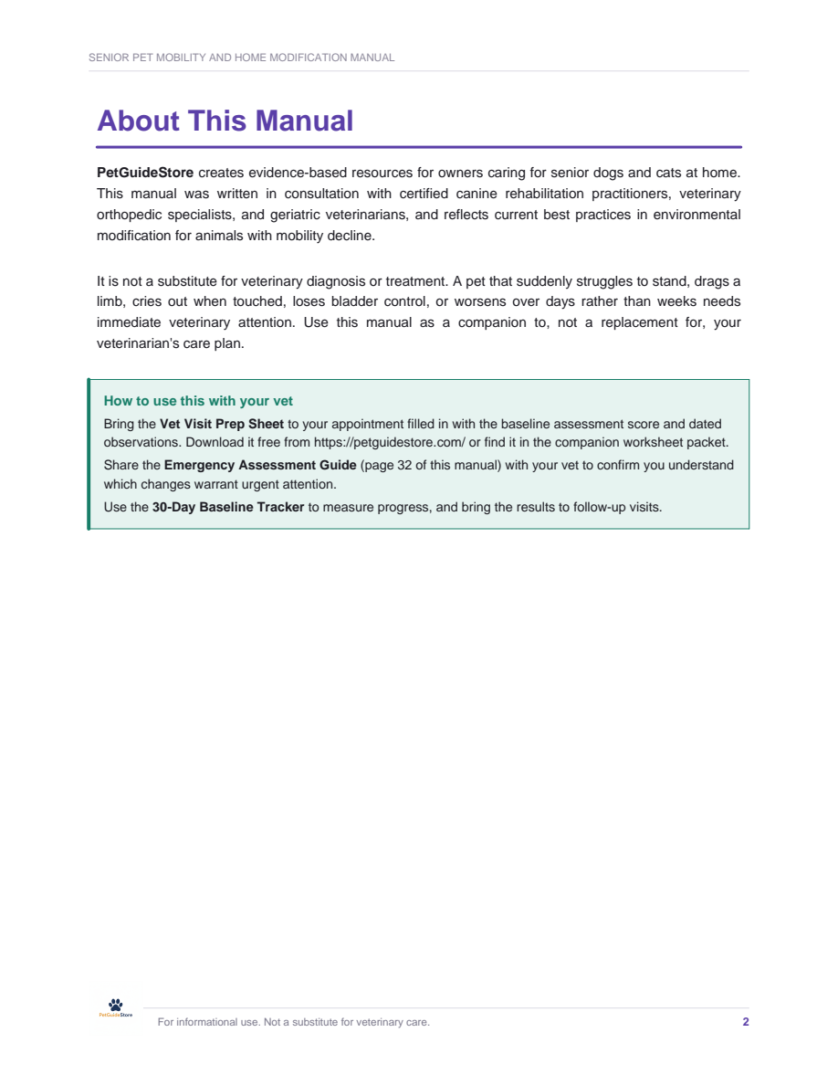 Senior Pet Mobility Complete Kit — Manual + Printable Worksheets