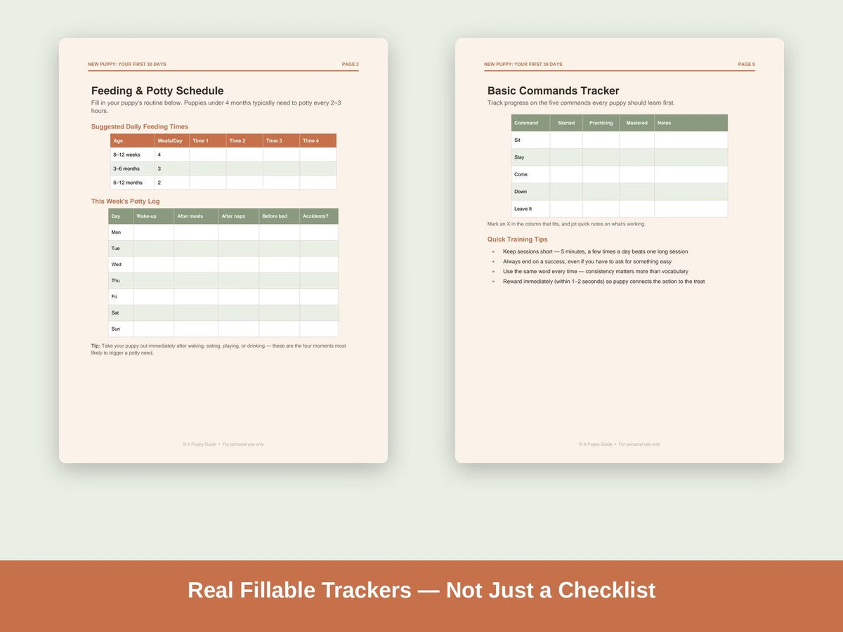 New Puppy 30-Day Guide | Potty, Crate, Vet Tracker (9-Page PDF)