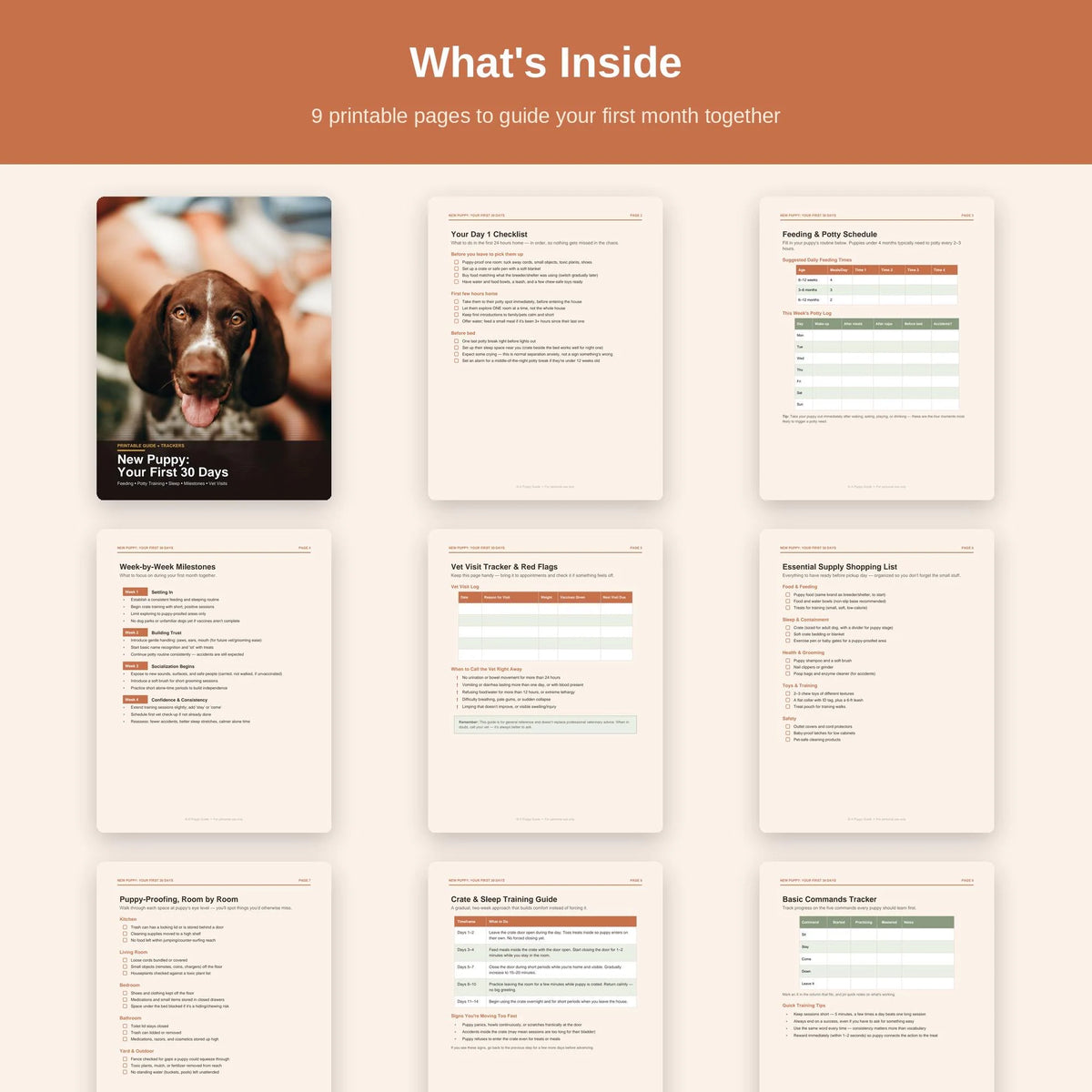New Puppy 30-Day Guide | Potty, Crate, Vet Tracker (9-Page PDF)